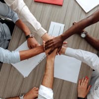 Hands on top of each other in a group cheer.